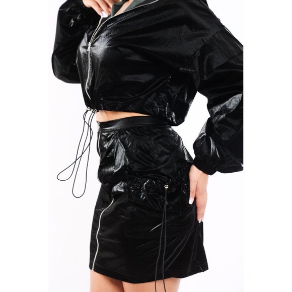 Women's Sexy Pearly Windbreaker Zip Up Long Sleeve Top & Matching Skirt 2 Pc Set - Picture 3 of 12